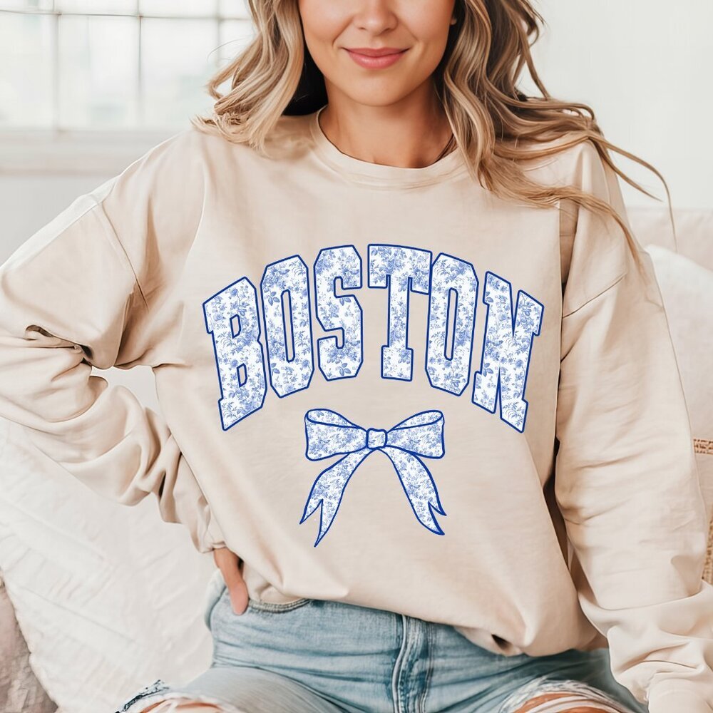 Custom College Merch Sweatshirt Women Blue Toile Floral Print , ANY COLLEGE Name - Picture 7 of 9
